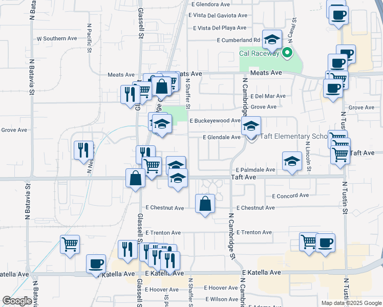 map of restaurants, bars, coffee shops, grocery stores, and more near 1789 North Shaffer Street in Orange