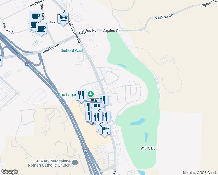 map of restaurants, bars, coffee shops, grocery stores, and more near 4261 Windspring Circle in Corona