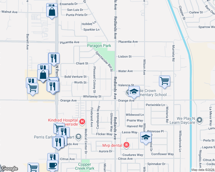 map of restaurants, bars, coffee shops, grocery stores, and more near 2506 Majestic Prince Court in Perris