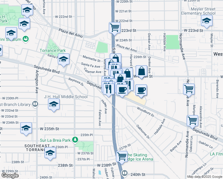 map of restaurants, bars, coffee shops, grocery stores, and more near 2848 Alberta Street in Torrance
