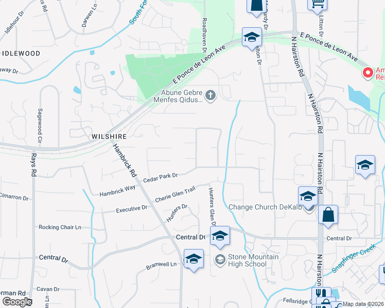 map of restaurants, bars, coffee shops, grocery stores, and more near 1284 Ginger Wood Drive in Stone Mountain