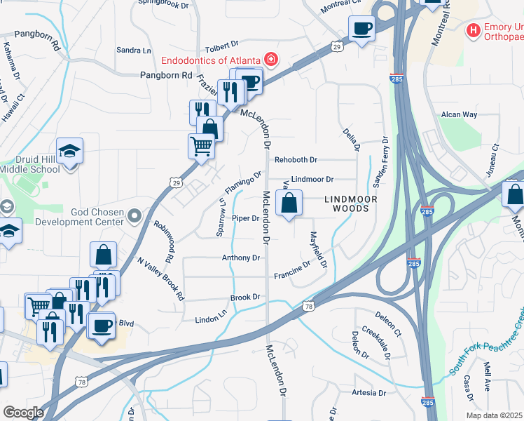 map of restaurants, bars, coffee shops, grocery stores, and more near 1282 McLendon Drive in Decatur