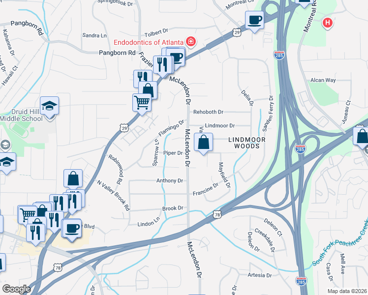 map of restaurants, bars, coffee shops, grocery stores, and more near 1282 McLendon Drive in Decatur