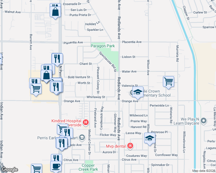 map of restaurants, bars, coffee shops, grocery stores, and more near 2506 Majestic Prince Court in Perris
