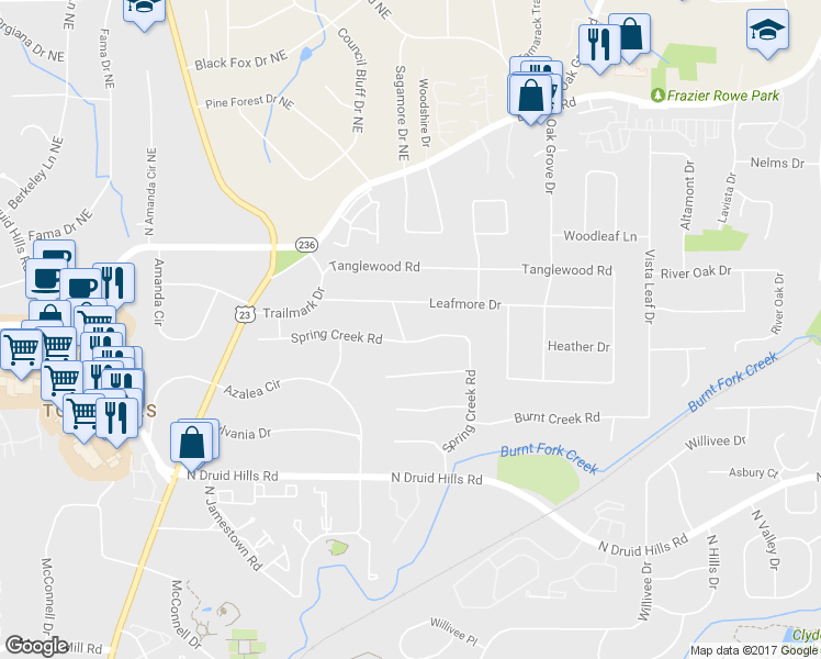 map of restaurants, bars, coffee shops, grocery stores, and more near 2220 Spring Creek Rd in Decatur