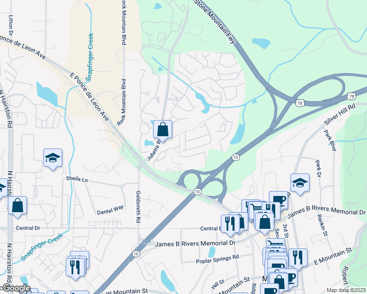map of restaurants, bars, coffee shops, grocery stores, and more near 1290 Taylor Way in Stone Mountain