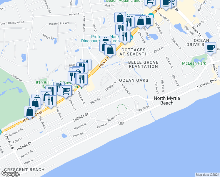 map of restaurants, bars, coffee shops, grocery stores, and more near 929 Tiffany Woods in North Myrtle Beach