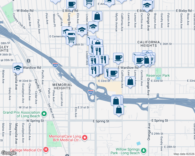 map of restaurants, bars, coffee shops, grocery stores, and more near 3300 Atlantic Avenue in Long Beach