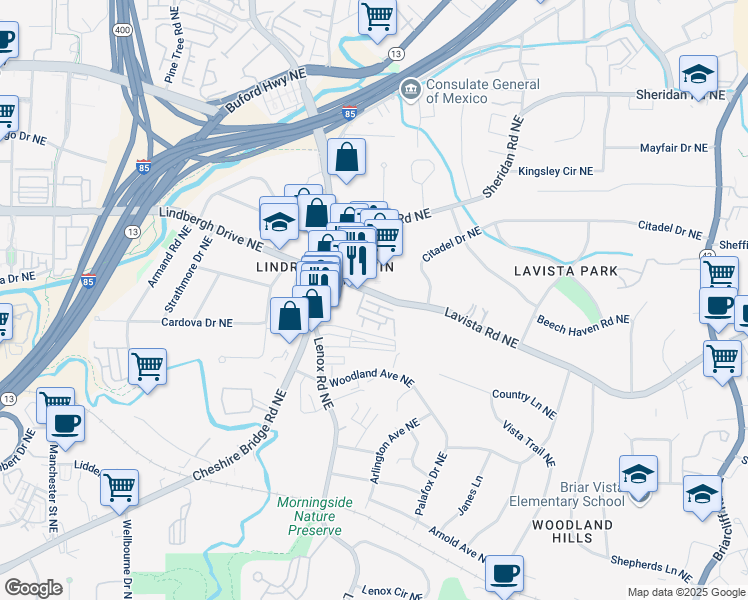 map of restaurants, bars, coffee shops, grocery stores, and more near 1199 Lavista Road Northeast in Atlanta