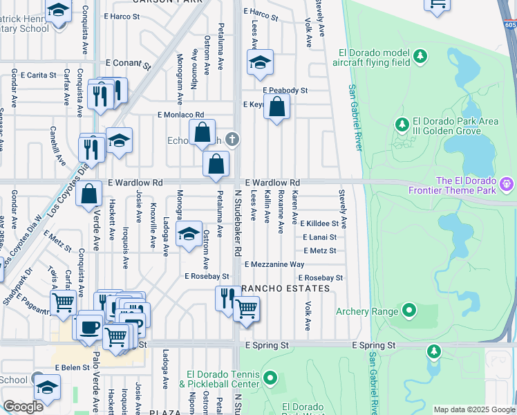 map of restaurants, bars, coffee shops, grocery stores, and more near 3350 Lees Avenue in Long Beach