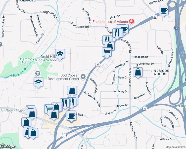 map of restaurants, bars, coffee shops, grocery stores, and more near 2411 Lawrenceville Highway in Decatur