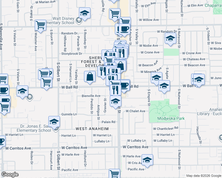 map of restaurants, bars, coffee shops, grocery stores, and more near 9950 West Ball Road in Anaheim