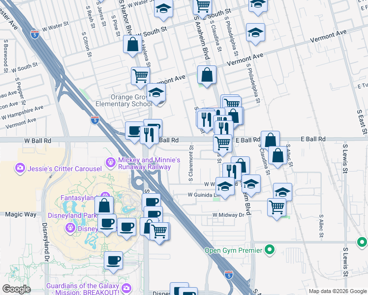 map of restaurants, bars, coffee shops, grocery stores, and more near 315 West Berry Avenue in Anaheim
