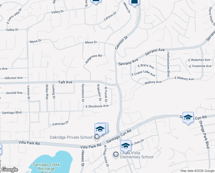 map of restaurants, bars, coffee shops, grocery stores, and more near 5215 East Playano Avenue in Orange