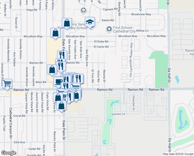 map of restaurants, bars, coffee shops, grocery stores, and more near 31795 Victor Road in Cathedral City