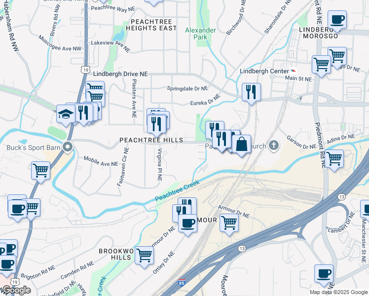map of restaurants, bars, coffee shops, grocery stores, and more near 229 Peachtree Hills Avenue Northeast in Atlanta