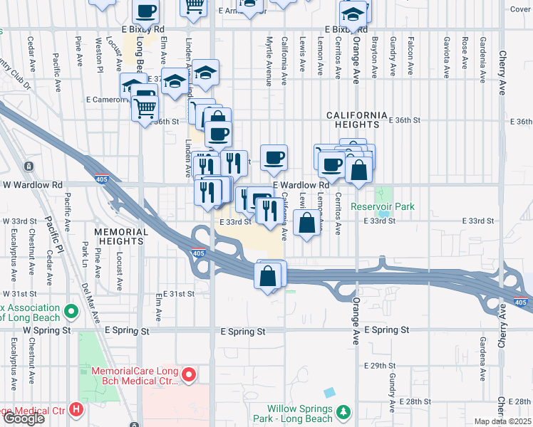 map of restaurants, bars, coffee shops, grocery stores, and more near 3317 Myrtle Avenue in Signal Hill