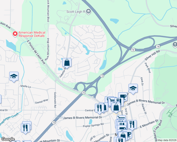 map of restaurants, bars, coffee shops, grocery stores, and more near 5141 Madeline Place in Stone Mountain