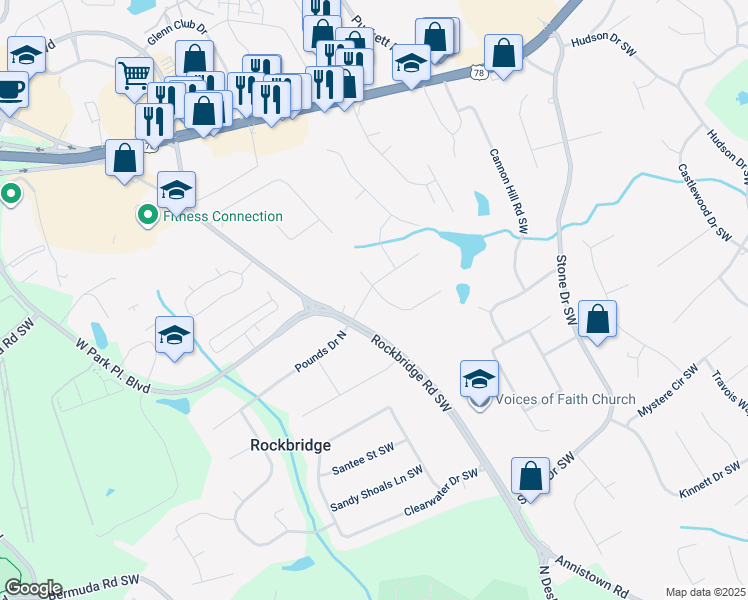 map of restaurants, bars, coffee shops, grocery stores, and more near 2299 Lexington Avenue Southwest in Stone Mountain