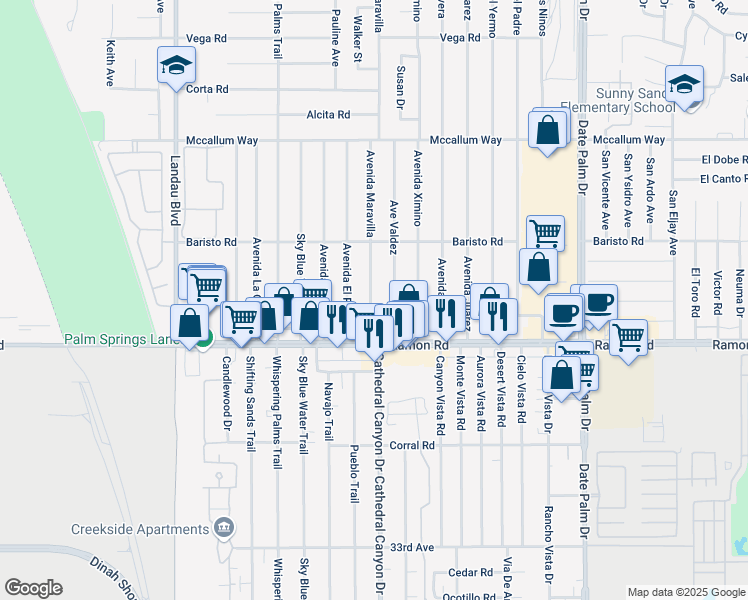 map of restaurants, bars, coffee shops, grocery stores, and more near 31775 Avenida Maravilla in Cathedral City
