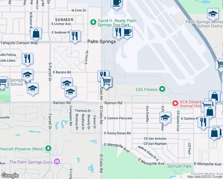 map of restaurants, bars, coffee shops, grocery stores, and more near 440 El Cielo Road in Palm Springs