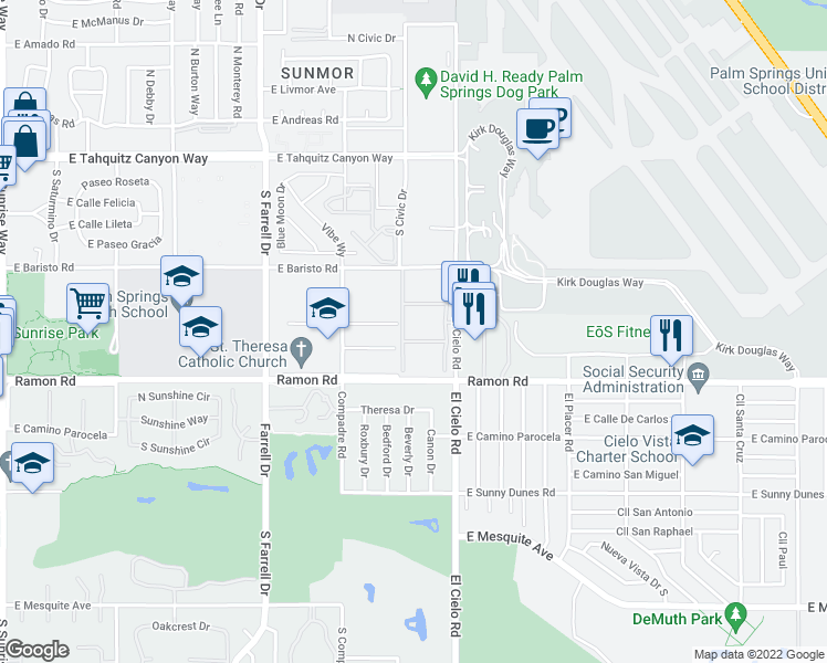 map of restaurants, bars, coffee shops, grocery stores, and more near 2999 East Via Vaquero Road in Palm Springs