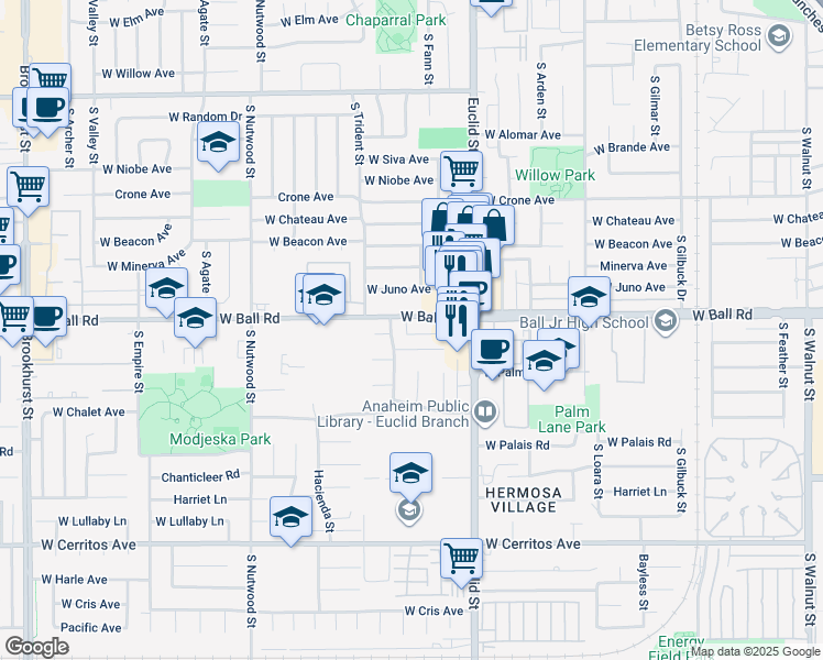 map of restaurants, bars, coffee shops, grocery stores, and more near 1740 West Ball Road in Anaheim