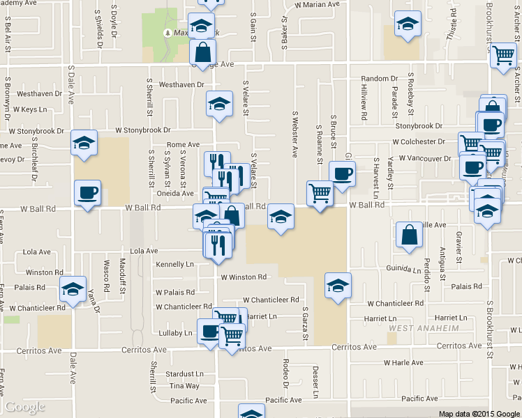 map of restaurants, bars, coffee shops, grocery stores, and more near 2540 West Ball Road in Anaheim