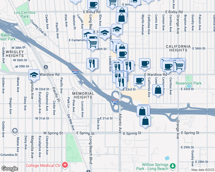map of restaurants, bars, coffee shops, grocery stores, and more near 3313 Linden Avenue in Long Beach