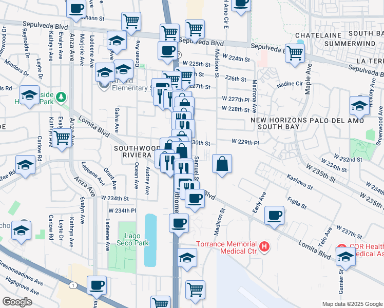 map of restaurants, bars, coffee shops, grocery stores, and more near 23025 Samuel Street in Torrance