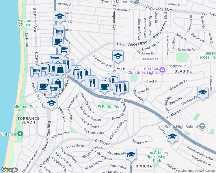 map of restaurants, bars, coffee shops, grocery stores, and more near 512 Avenue G in Redondo Beach