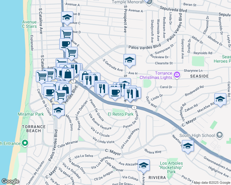 map of restaurants, bars, coffee shops, grocery stores, and more near 512 Avenue G in Redondo Beach
