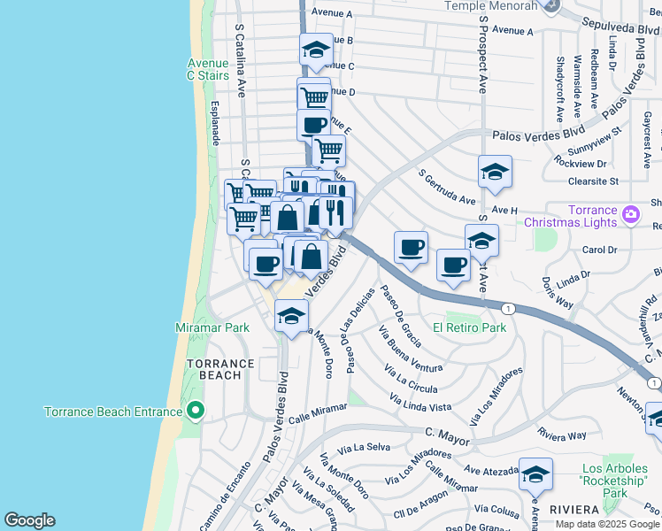 map of restaurants, bars, coffee shops, grocery stores, and more near 131 Palos Verdes Boulevard in Redondo Beach
