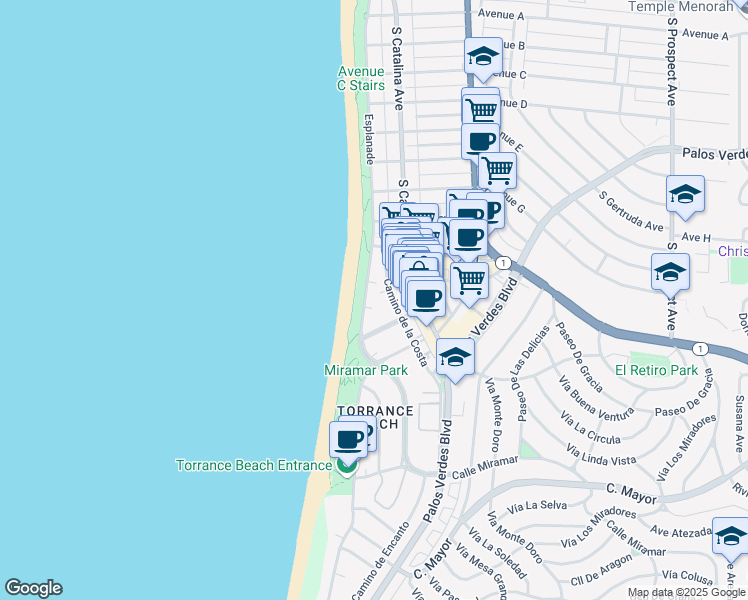 map of restaurants, bars, coffee shops, grocery stores, and more near 1721 Camino de la Costa in Redondo Beach