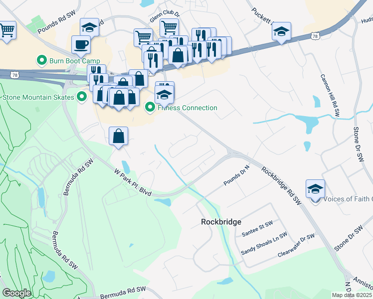 map of restaurants, bars, coffee shops, grocery stores, and more near 2191 Rockbridge Road Southwest in Stone Mountain