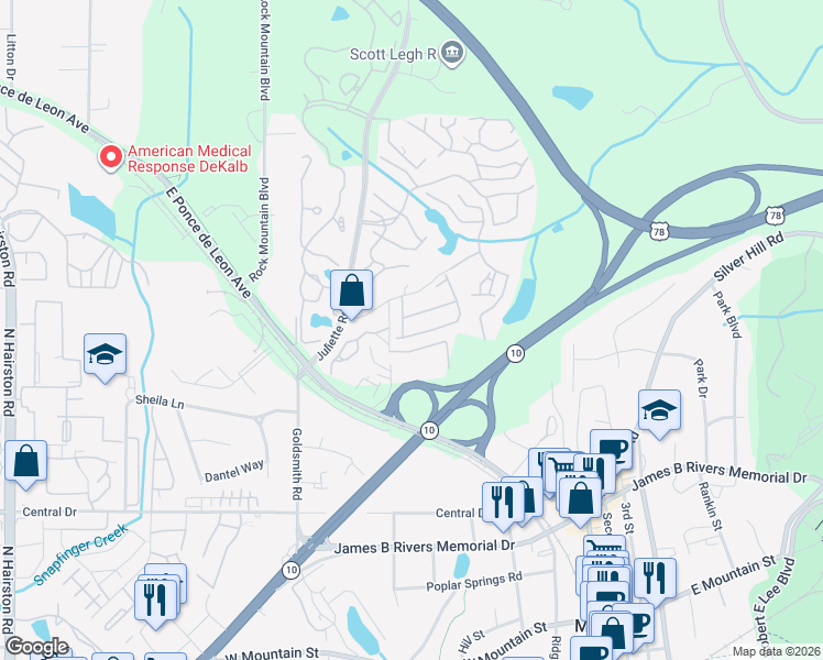 map of restaurants, bars, coffee shops, grocery stores, and more near 1290 Taylor Way in Stone Mountain