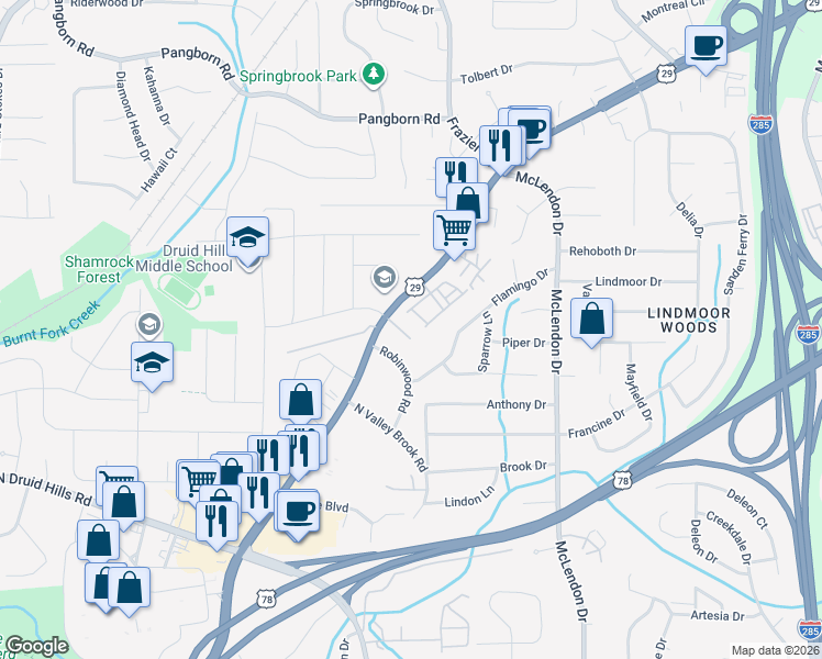 map of restaurants, bars, coffee shops, grocery stores, and more near 2411 Lawrenceville Highway in Decatur
