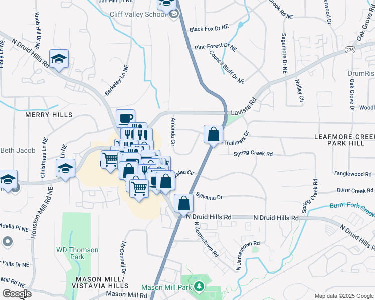 map of restaurants, bars, coffee shops, grocery stores, and more near 1301 Amanda Circle in Decatur