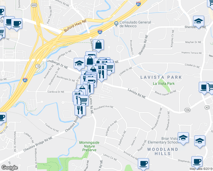 map of restaurants, bars, coffee shops, grocery stores, and more near 1197 Lavista Road Northeast in Atlanta