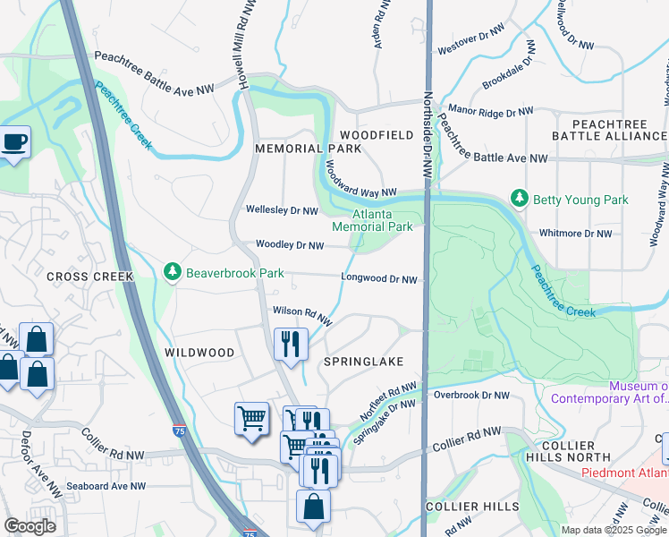 map of restaurants, bars, coffee shops, grocery stores, and more near 735 Longwood Drive Northwest in Atlanta