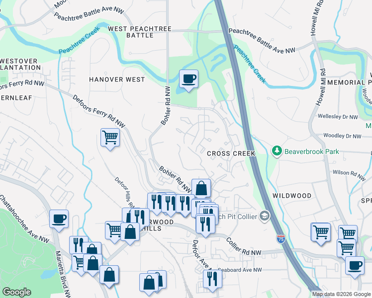 map of restaurants, bars, coffee shops, grocery stores, and more near 4900 Acacia Street Northwest in Atlanta