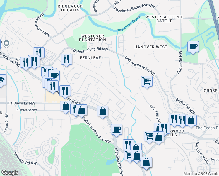 map of restaurants, bars, coffee shops, grocery stores, and more near 1477 Liberty Parkway Northwest in Atlanta