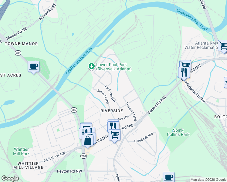 map of restaurants, bars, coffee shops, grocery stores, and more near 2273 Paul Avenue Northwest in Atlanta