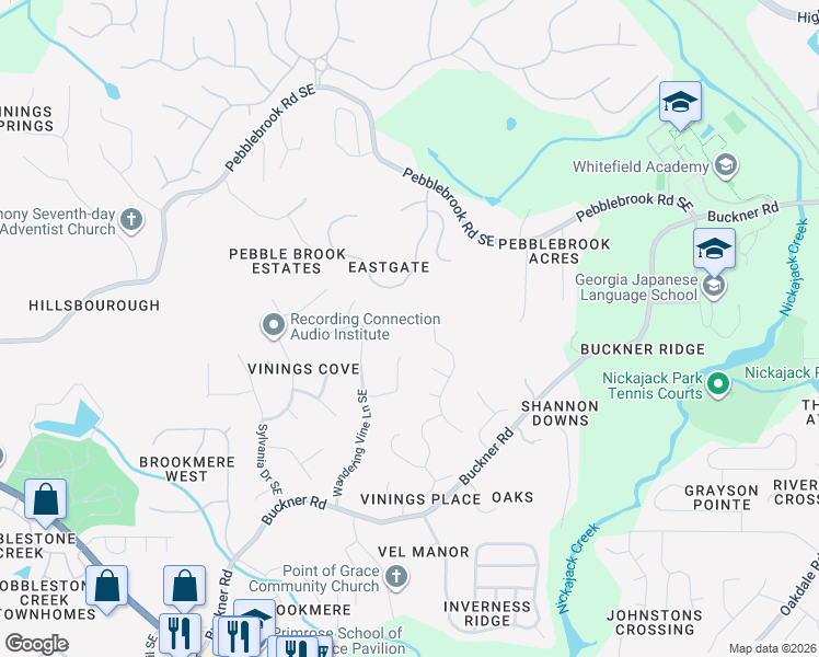 map of restaurants, bars, coffee shops, grocery stores, and more near 950 Wandering Vine Drive Southeast in Mableton