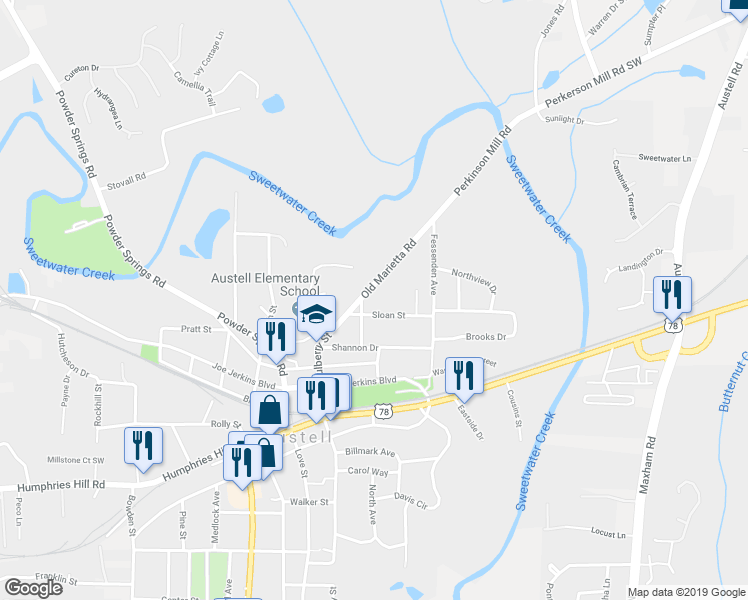 map of restaurants, bars, coffee shops, grocery stores, and more near 5635 Old Marietta Road in Austell