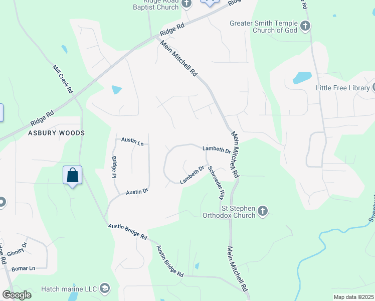 map of restaurants, bars, coffee shops, grocery stores, and more near 251 Lambeth Drive in Hiram
