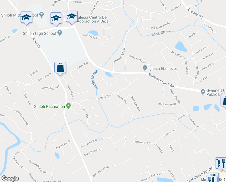 map of restaurants, bars, coffee shops, grocery stores, and more near 4197 Trotters Way Drive in Snellville