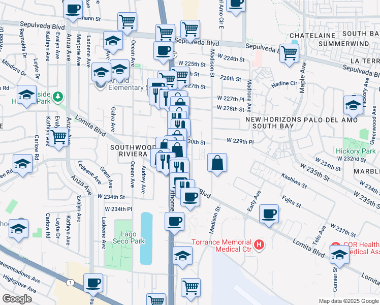 map of restaurants, bars, coffee shops, grocery stores, and more near 23025 Samuel Street in Torrance