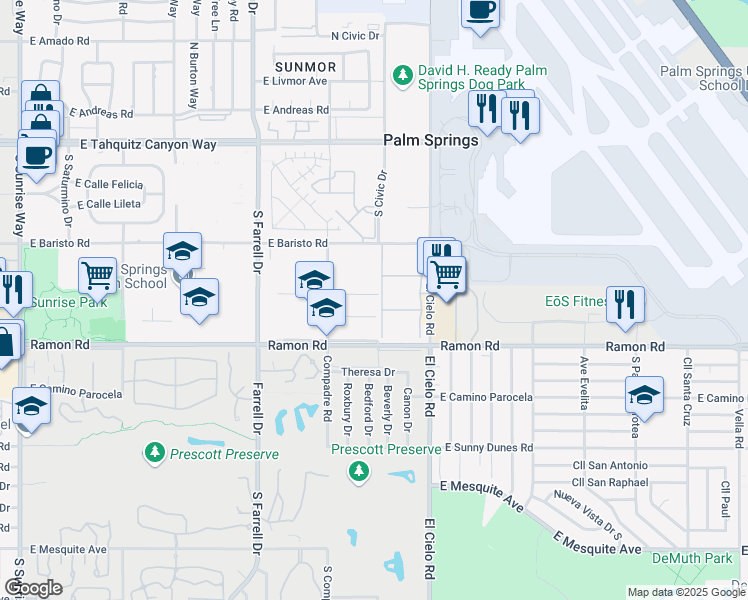 map of restaurants, bars, coffee shops, grocery stores, and more near 2999 East Via Vaquero Road in Palm Springs