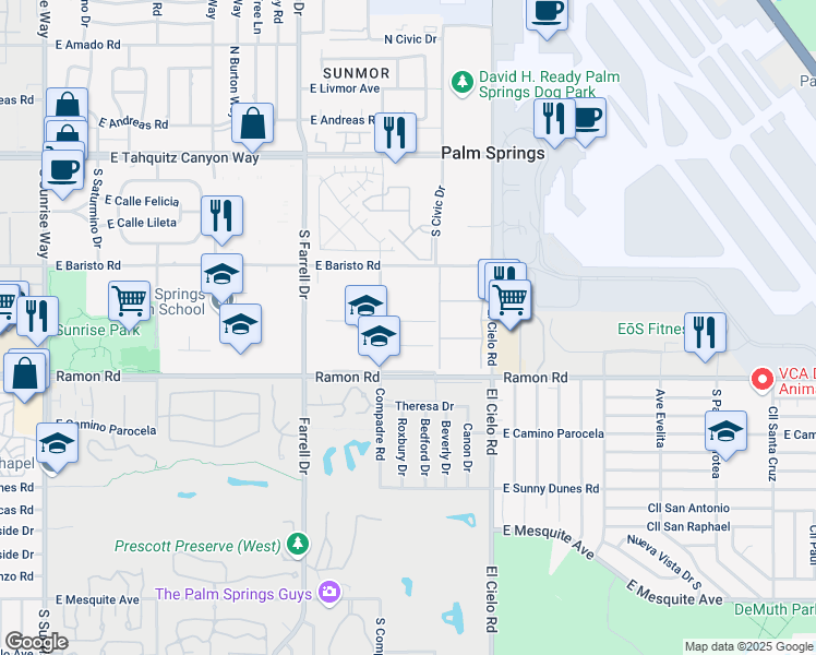 map of restaurants, bars, coffee shops, grocery stores, and more near 2939 East Via Vaquero Road in Palm Springs